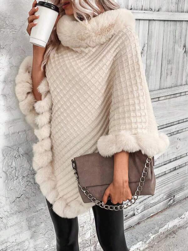 1pc Women's Elegant Solid Color Patchwork Faux Fur Oversized Poncho Sweater