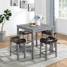 Dining Table, Bar Table And Chairs Set, 5 Piece Dining Table Set, Industrial Breakfast Table Set, For Living Room, Dining Room, Game Room, NEW SKU W1781140366 - 棕色+淺灰色+實木+MDF如圖 - 查看 2