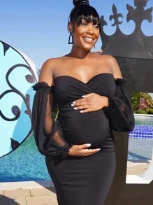 JustVH Maternity V-Neck Off-Shoulder Mermaid Hem Dress Mesh Puff Sleeves Maxi Gown For Photoshoot Baby Shower