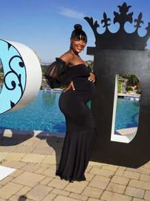 JustVH Maternity V-Neck Off-Shoulder Mermaid Hem Dress Mesh Puff Sleeves Maxi Gown For Photoshoot Baby Shower