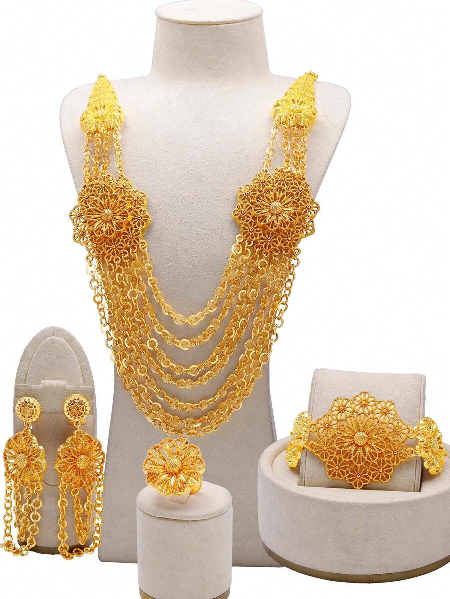 1 Set (2 piezas de aretes, 1 pieza de anillo, 1 pieza de brazalete, 1 pieza de collar) de aleación de cobre bañado en oro de 24K con diseño exagerado de estilo nupcial de Medio Oriente y Dubai para mujeres