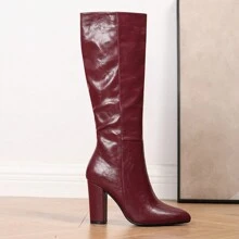 时尚连衣裙搭配女士粗跟过膝长靴，侧拉链设计，欧美风格，时尚尖头，适合秋冬季节，性感，派对必备 - 酒紅色 - 查看 5