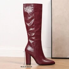 时尚连衣裙搭配女士粗跟过膝长靴，侧拉链设计，欧美风格，时尚尖头，适合秋冬季节，性感，派对必备 - 酒紅色 - 查看 2