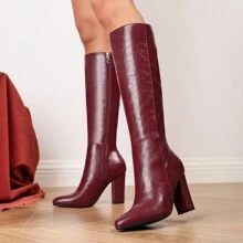 时尚连衣裙搭配女士粗跟过膝长靴，侧拉链设计，欧美风格，时尚尖头，适合秋冬季节，性感，派对必备 - 酒紅色 - 查看 4