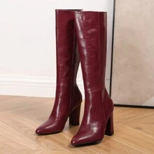 时尚连衣裙搭配女士粗跟过膝长靴，侧拉链设计，欧美风格，时尚尖头，适合秋冬季节，性感，派对必备 - 酒紅色 - 查看 6