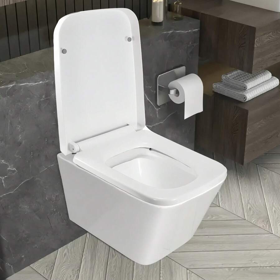 Premium Quiet Close Modern White Square Extended Toilet Seat With Cover