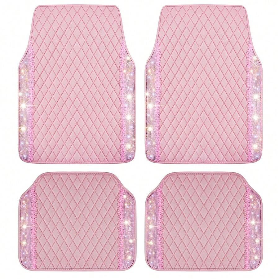 BlingBling Artificial Diamond Car Floor Mat Pink PVC Leather Girl's Love Gift First Small And Medium-Sized SUV Universal Waterproof, Anti Slip And Easy To Clean - Hồng - Xem 1