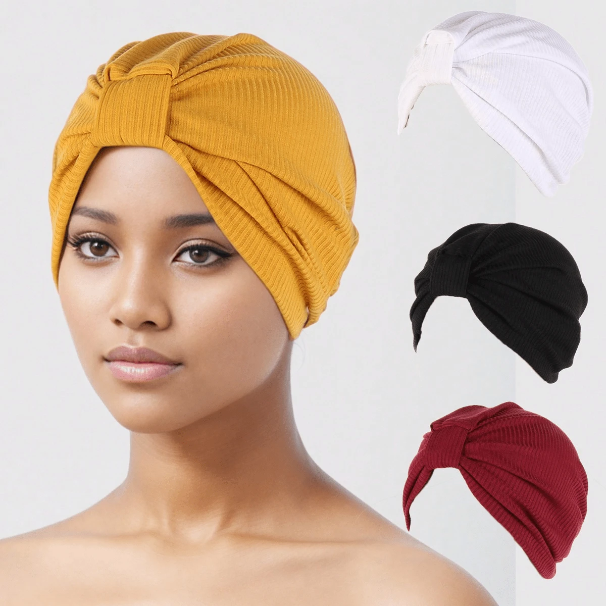 1pc Solid Color Pleated Turban Cap Casual Elastic Head Wrap Women Bandana Casual Hijab Hat Women Beanie Chemo Hats - Multicolor - View 1