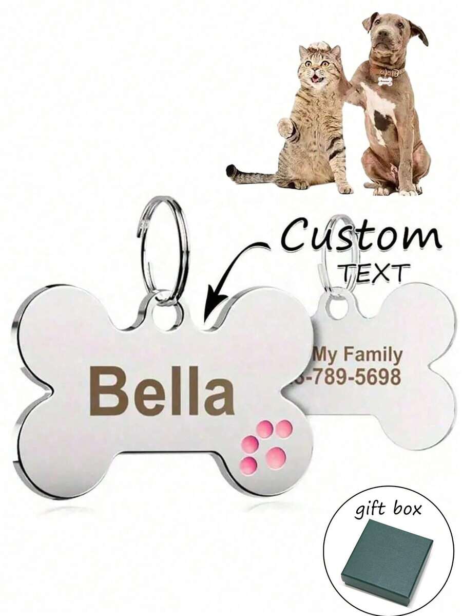 1pc Pet/Dog/Cat Pink/Black Cat Claw Pattern Bone Shape Personal Custom Pet Information Lost Easy To Get Lost Dog Tag Cat Tag Pet Tag Pet Pendant Decoration Suitable For Pet Cats And Dogs Wear.1PC Engraved Bone-Shaped Dog Tag For Personalized Identification - Slide-On Collar Name Tag For Cats And Dogs - Perfect Christmas Gift - Pink - View 1