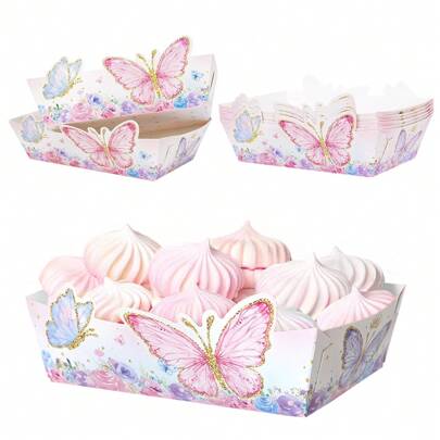 6 st/12 st rosa lila fjärilsmatbrickor blommor pommes frites pappersfack för fjärilsfödelsedagsfest dekorationer tillbehör snackslåda, snacks serveringsfat tacohållare, popcornfester, restaurangbröllop, jul