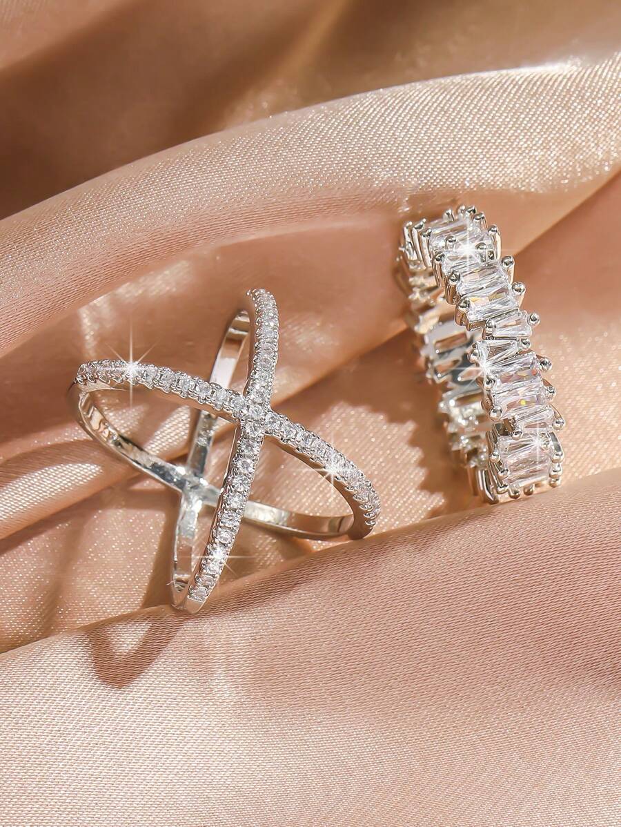 rakol 2pcs Simple Silver-Tone Cubic Zirconia Decor Women Ring Set