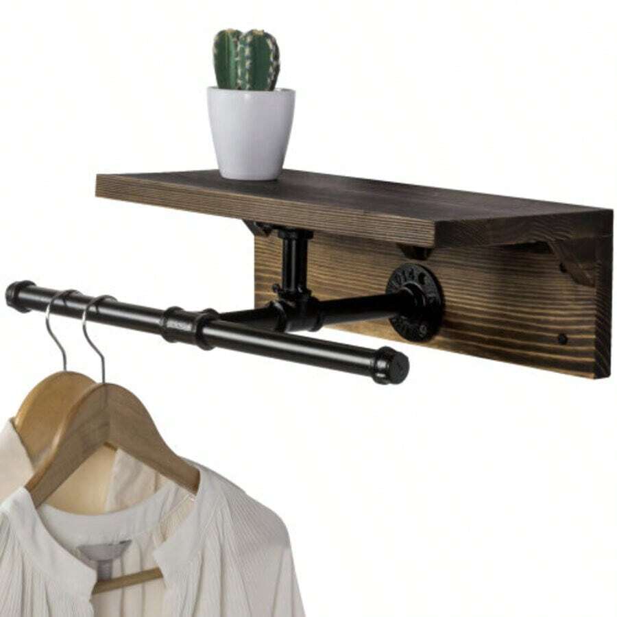 MyGift Wall Mounted Clothing Rack Metal Black Industrial Pipe Clothes