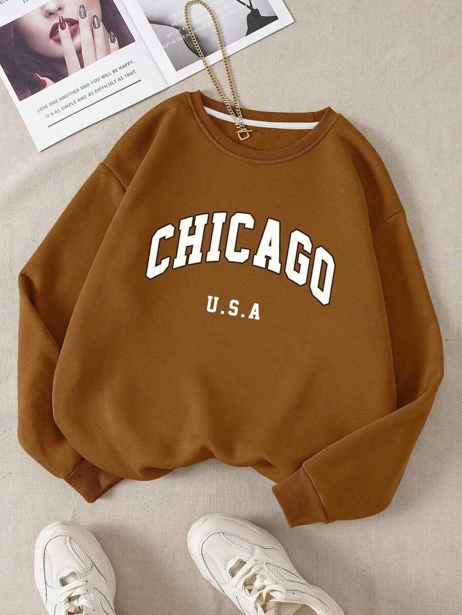 Sudadera chicago usa con estampado de letra con forro térmico - Marrón - Ver 1