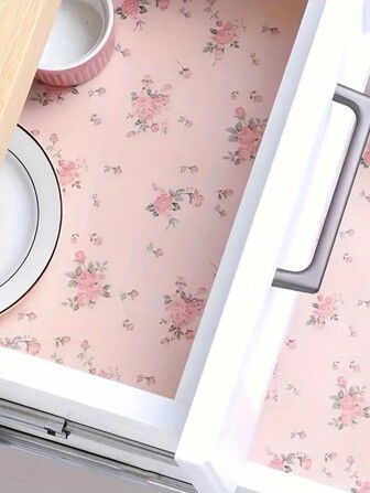 1 卷防滑搁板衬垫，防水橱柜衬垫，非粘性日式印花粉红玫瑰抽屉衬垫，易于切割的橱柜衬垫，适用于搁板、冰箱、书桌、橱柜、厨房、搁板垫。（78.74 英寸 * 11.8 英寸）