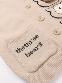 1pc Young Boy Apricot Knit Vest/Cardigan With Bear Pattern, Outerwear For Autumn