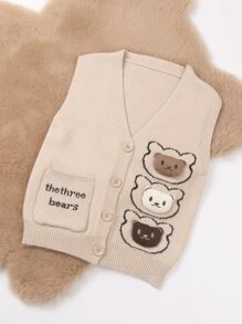 1pc Young Boy Apricot Knit Vest/Cardigan With Bear Pattern, Outerwear For Autumn