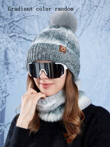 OBOVAY Conjunto de gorro y bufanda con forro térmico y degradado de color aleatorio para mujer, gorro de punto con pompón y bufanda infinita cálida, apto para esquiar y uso diario - Gradiente - Ver 14