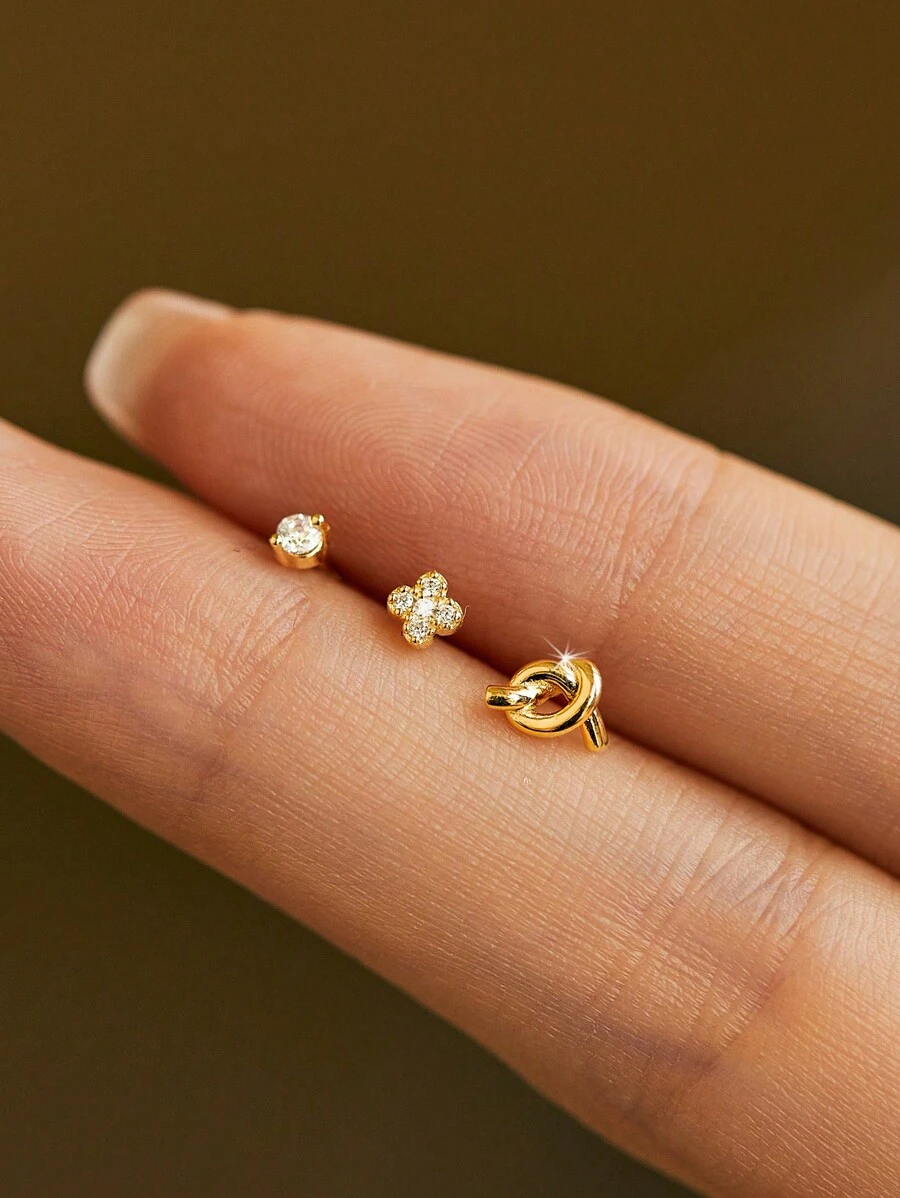 SYMFNY 3pairs 925 Sterling Silver Minimalist Geometric Stud Earring Set, Suitable For Work, Dates And Everyday Outfit