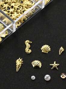 12pcs 3D Ocean Theme Nail Charms Nail Decorations,Multi Shaped Golden Alloy Shell Abalone Seahorse Starfish Conch Pearl Mini Caviar Beads Rhinestone 3D Ocean Series Metal Pendant Suitable For Nail Art Jewelry Craft Project DIY Nail Charms Nail Gems Nail Supplies