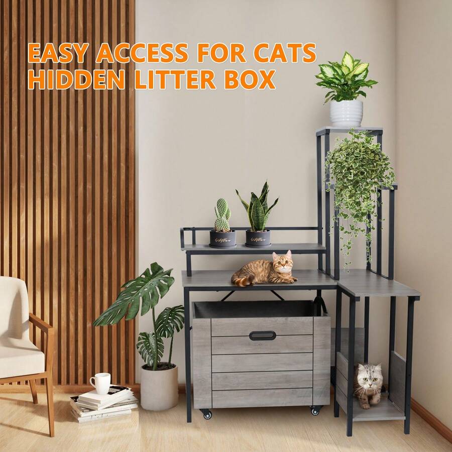Modern Cat Litter Box Enclosure With Flower Stand Hidden Litter Box