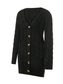 Female Cardigan, Solid Color Long Sleeve Sweater Knitted Coat With Pockets For Spring Fall, S/M/L - Negro - Ver 6