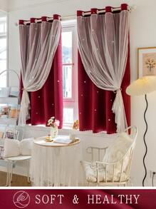 2pcs/Set Panel Curtains - Beige Solid Curtains With Laser Cut Star Holes To Darken Room, Suitable For Bedroom, Decor Home Curtain For Girls Room, Living Room