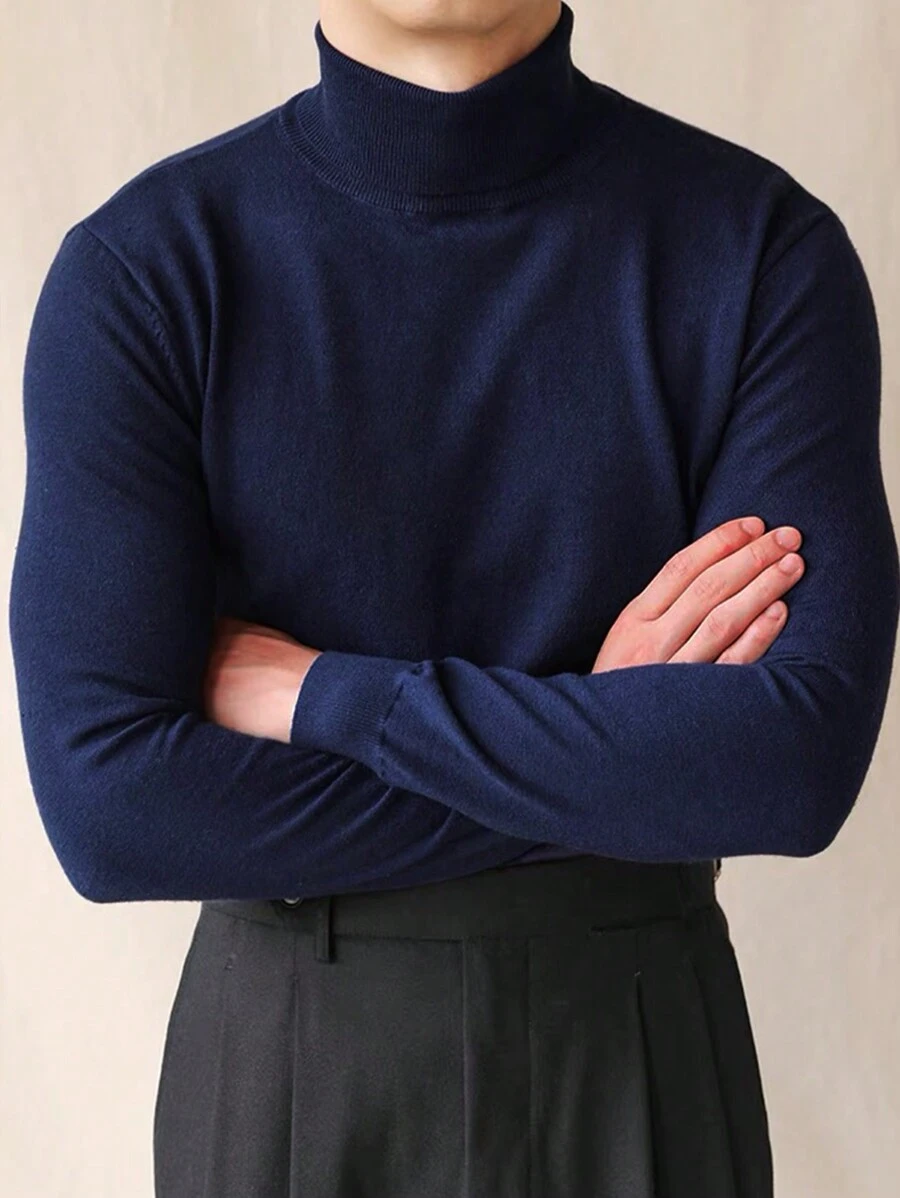 男式纯色高领休闲套头毛衣 - 藏蓝色 - 查看 1