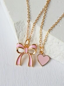 2pcs Heart & Bowknot Necklace Set: Pink Heart Necklace & Cute Bowknot Style Necklace, Best Friend Gift Valentines - Pink - View 9
