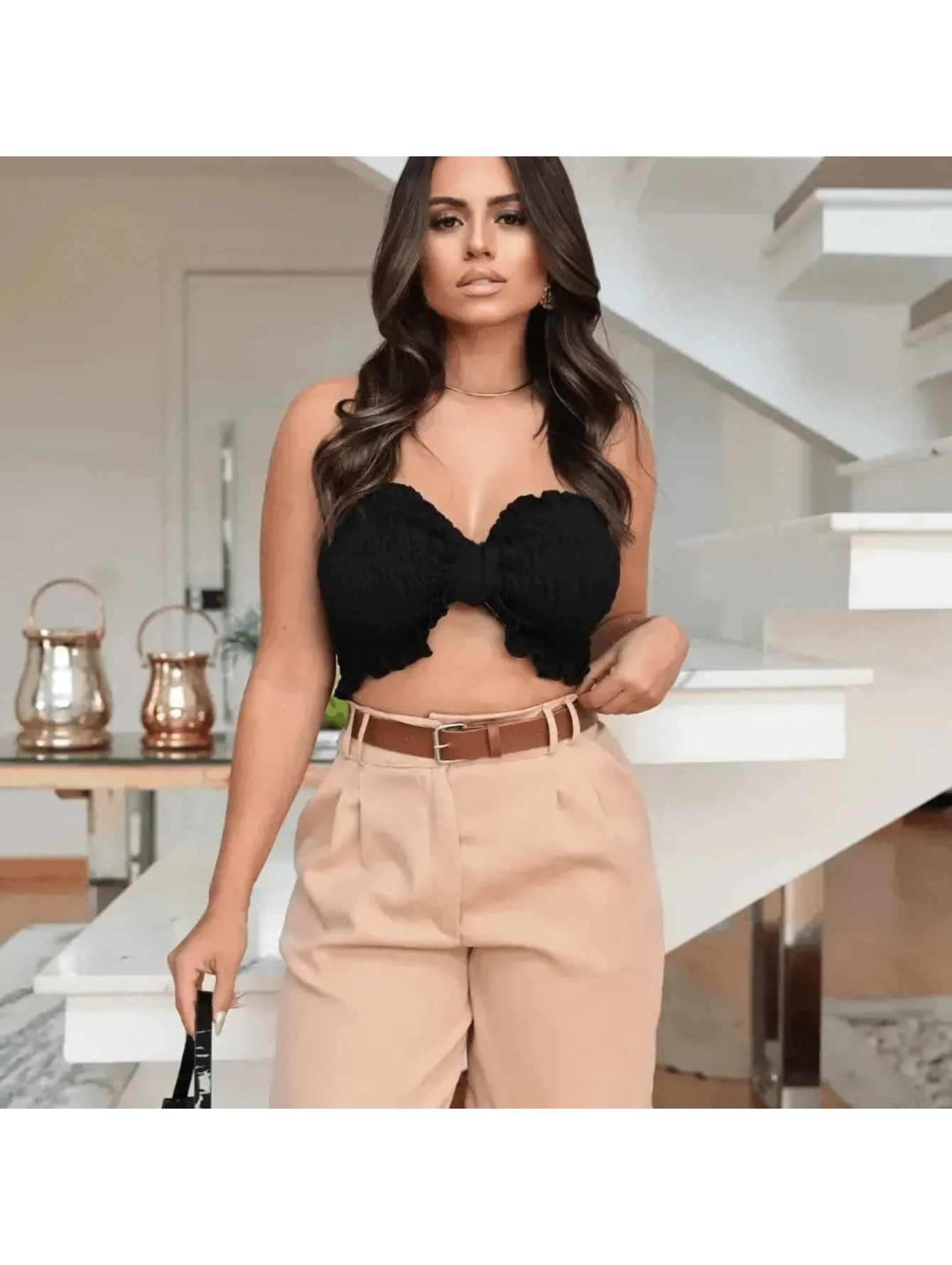 Women's Long Tailored Bermuda Shorts With Leather Belt - 米色 - 查看 1