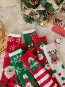 1 双女士圣诞印花保暖内衬中筒袜，卡通驯鹿和圣诞老人图案，可爱毛绒袜、长袜、及膝袜、保暖地板袜，适合秋冬季女士日常穿着 - 彩色 - 查看 5