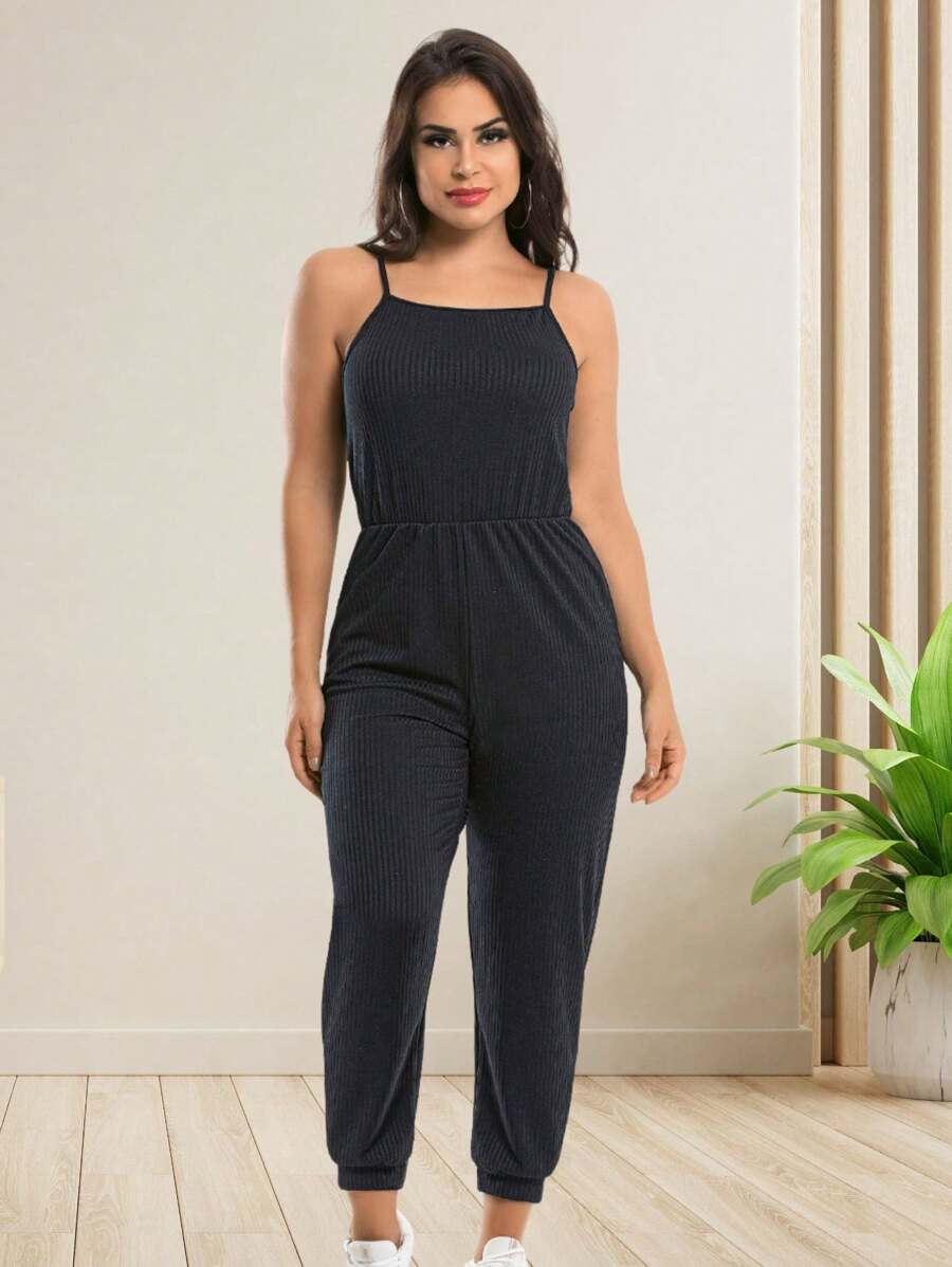 Ribbed Pantacourt Jumpsuit With Straps - màu đen - Xem 1