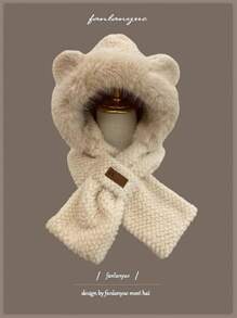 1set Women's Plush Bear Hat & Scarf Combo, Thicken Fleece Warm Earflap Hat For Winter
