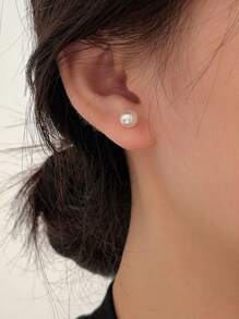 1 Pair Minimalist Faux Pearl Stud Earrings, Elegant Women Earrings - Silver - View 4