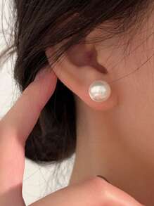 1 Pair Minimalist Faux Pearl Stud Earrings, Elegant Women Earrings - Silver - View 3