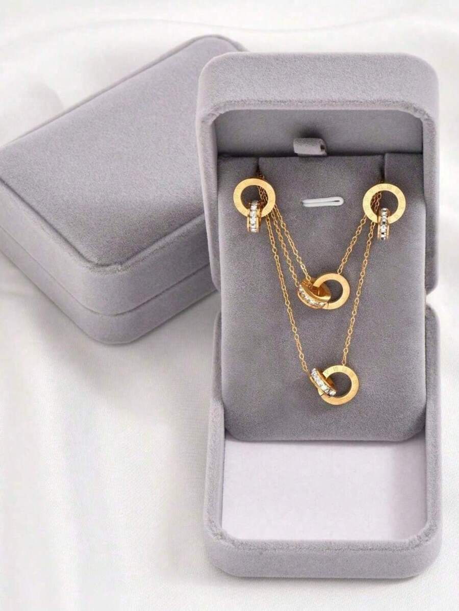 4 件镀金不锈钢礼盒包装方晶锆石罗马数字双圈设计吊坠项链手链耳环套装，简约休闲，适合女性、情侣、母亲和重要人物在各种节日和周年纪念日圣诞礼物 - 雙環 - 查看 1