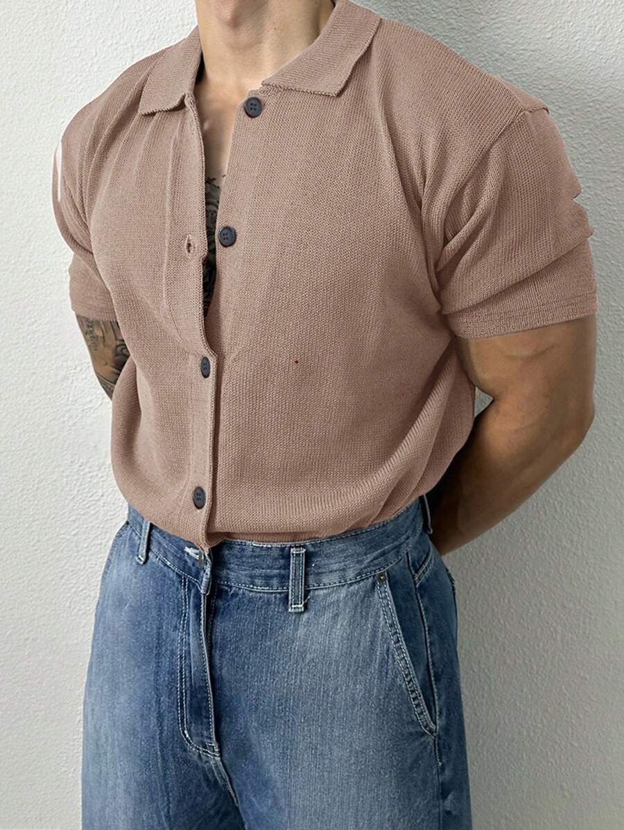 Men Casual Solid Color Short Sleeve Shirt, And Versatile For Daily Work, Spring And Autumn - Màu Khaki - Xem 1