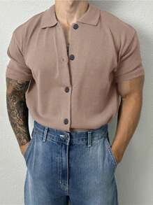 Men Casual Solid Color Short Sleeve Shirt, And Versatile For Daily Work, Spring And Autumn - Màu Khaki - Xem 2