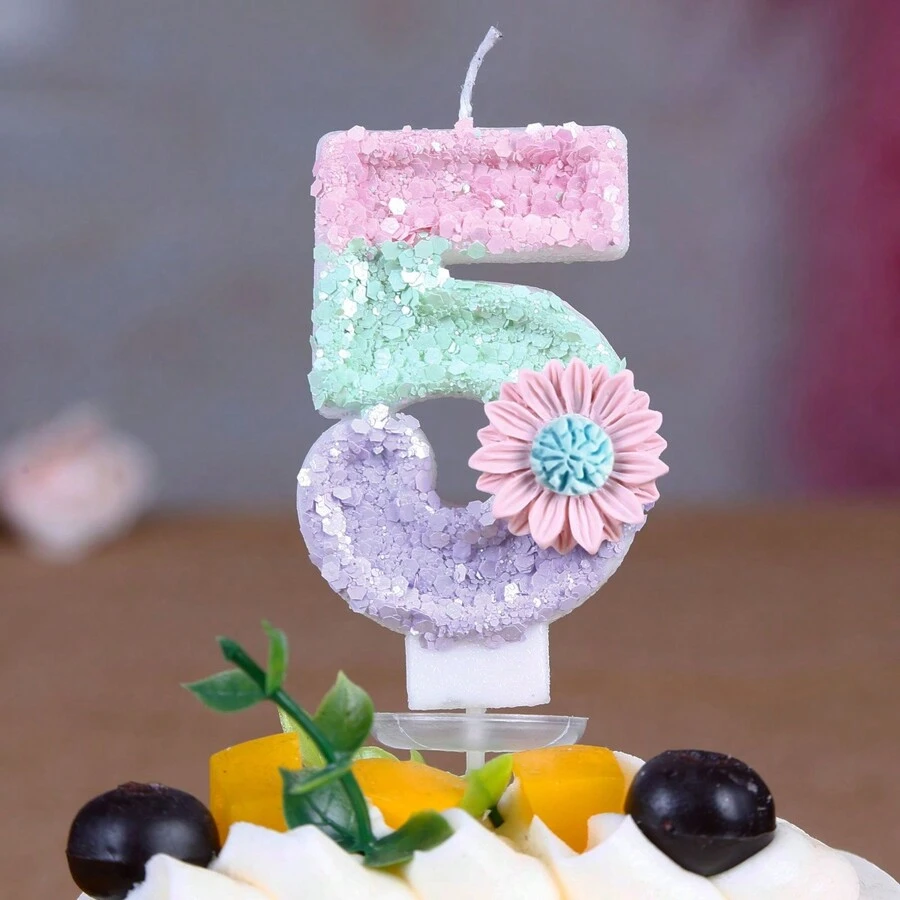 1 件粉色花朵 0-9 数字蜡烛,生日、派对、婚礼蛋糕装饰,圣诞节 - 彩色 - 查看 1