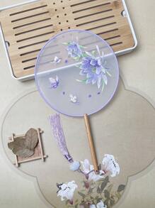 1 Stück vintage Handventilator, chinesischer runder Fächer mit Seide-Stickerei, Kranich-Blumen Heim- und Raumdekoration, Tanzfächer mit Quasten, Party-Requisiten, Weihnachts-, Valentinstags- und Neujahrgeschenk