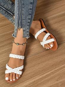 Dép đế bằng thường ngày cho nữ có dây chun chéo, thoáng khí, dáng rộng, thoải mái, đơn giản, nhẹ, đa năng và thanh lịch - trắng - Xem 6