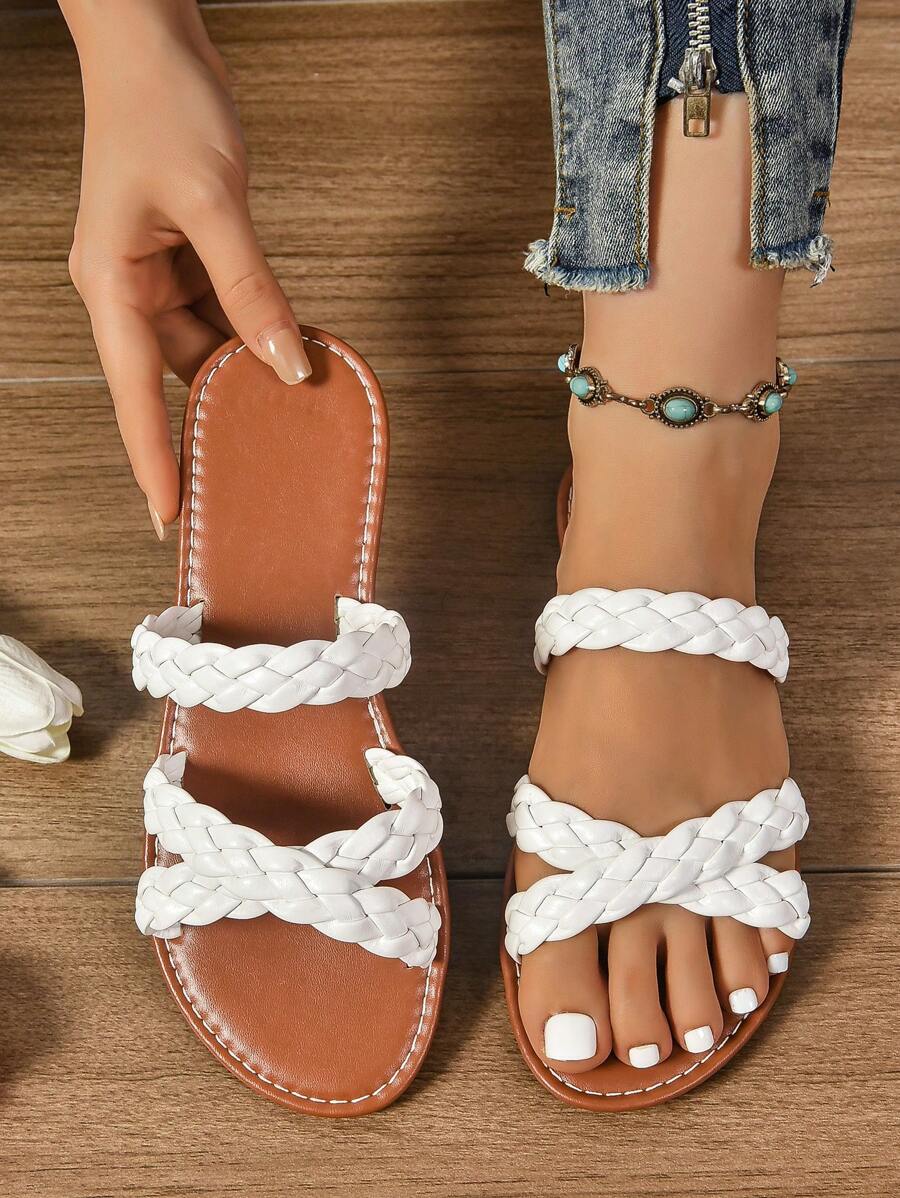 Dép đế bằng thường ngày cho nữ có dây chun chéo, thoáng khí, dáng rộng, thoải mái, đơn giản, nhẹ, đa năng và thanh lịch - trắng - Xem 1