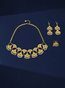 Set de bijuterii retro de lux Mgyi, din cupru auriu, la modă și de înaltă calitate, pentru femei, colier elegant placat cu aur de 18K, design pătrat, cercei, inel pentru femei, potrivit pentru Nigeria, Dubai, Orientul Mijlociu, Arabia Saudită, nuntă, purtare zilnică, cadou de aniversare a nunții, cadou de Halloween pentru prieteni - Aur - Vizualizare 3