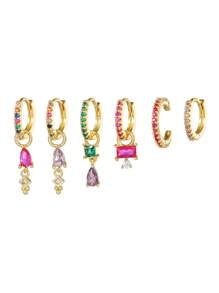 6pcs 18k Golden Plated Cubic Zirconia Hoop Drop Earrings For Women Post Cuff Earrings Huggie For Women Hypoallergenic Jewelry Gift Birthday Anniversary Earring