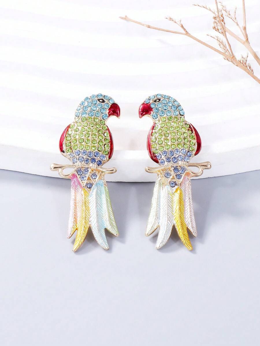 juran 1 对时尚复古彩色鸟形水钻耳环 - 藍色 - 查看 1