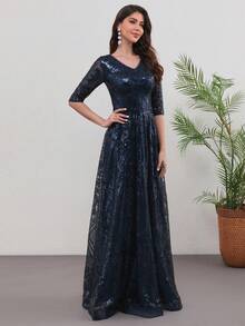 闪亮 V 领无袖超长亮片晚礼服，褶皱下摆正式舞会礼服，带拉链开合 - 藏蓝色 - 查看 4