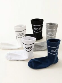 5 pares de calcetines para niños/niños de media pantorrilla con patrón de líneas "NICE" en negro, blanco, gris, azul marino, elásticos y con costillas altas, cómodos y versátiles, con estilo deportivo y universitario clásico, para usar en primavera, verano, otoño e invierno, para niños y niñas