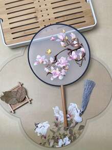 1 Stück vintage Handventilator, chinesischer runder Fächer mit Seide-Stickerei, Kranich-Blumen Heim- und Raumdekoration, Tanzfächer mit Quasten, Party-Requisiten, Weihnachts-, Valentinstags- und Neujahrgeschenk