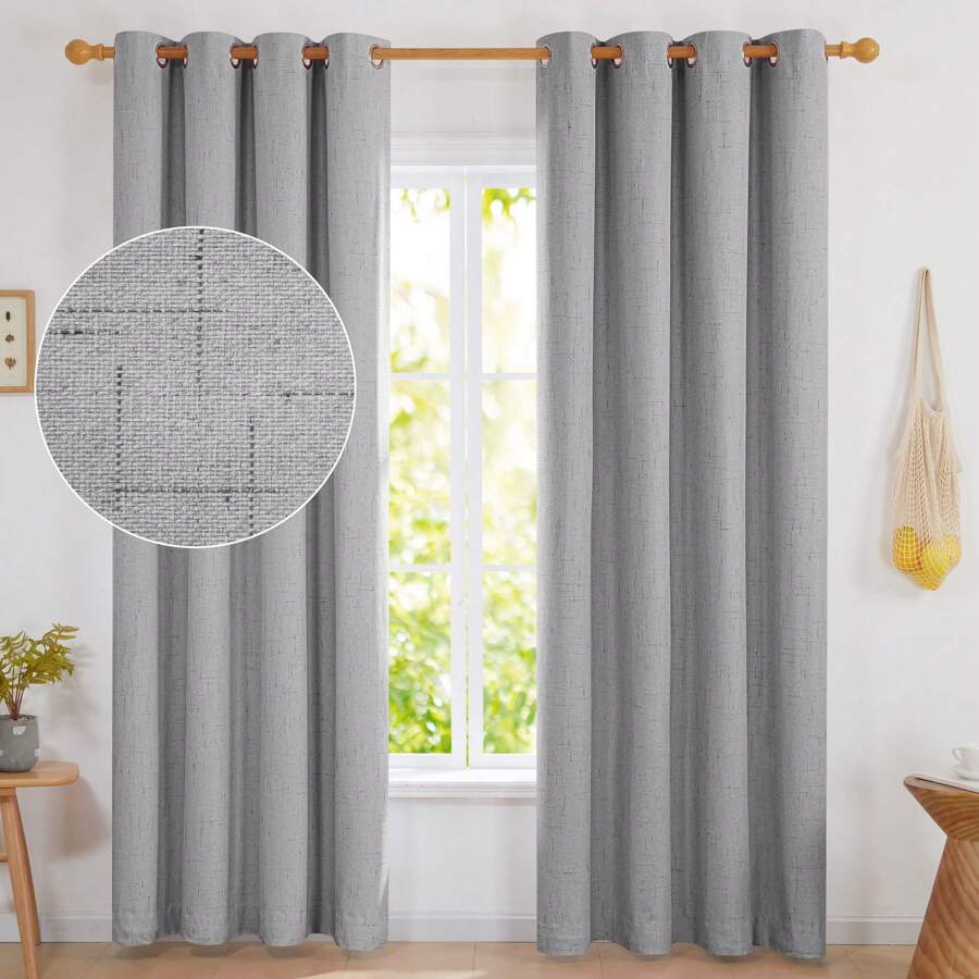 2 Pcs 100% Blackout Faux Linen Curtains 52 Inch Wide, Thermal Insulated Curtains Drapes For Bedroom, Privacy  Grommet Living Room - 灰色 - 查看 1