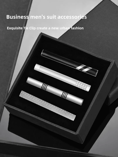1 Set Clip de corbata clásico para hombre, clip de corbata de color plateado creativo de moda en caja de regalo negra, gran regalo para el novio