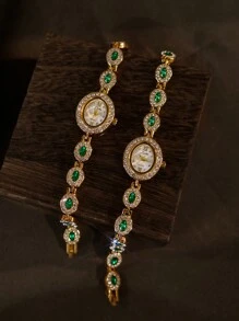 1 pieza Nuevo reloj de pulsera de moda vintage elegante para mujer con incrustación de piedras preciosas color verde esmeralda, esfera ovalada, resistente al agua 30M, estilo casual adecuado para uso diario, fiestas, vacaciones, regalo